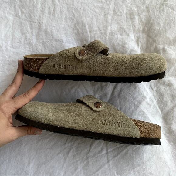 Birkenstock Boston Soft Footbed Suede Leather Clogs Mules Sandals Taupe - Picture 3 of 8